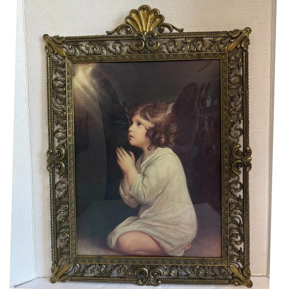Vintage Italian Gold Filigree Frame The Infant Samuel Praying Curved Glass 16x22